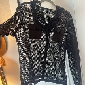 Proportion Petite Conrad C Black Mesh Hooded Button Down Top Sheer Layering L